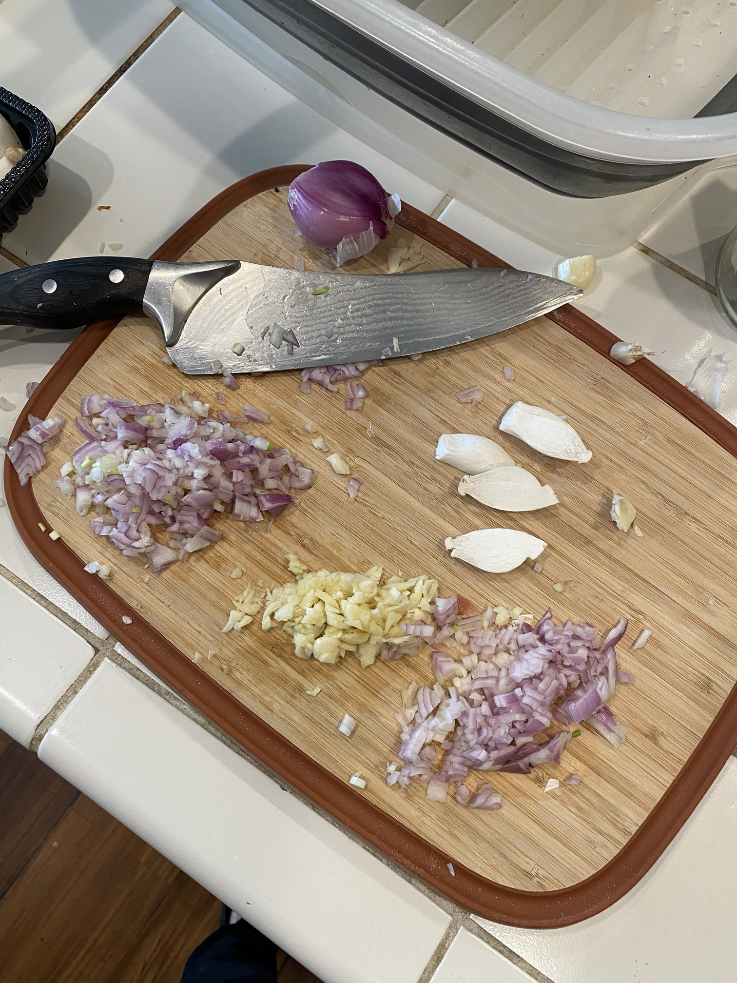 Figure 2: Prep garlic, mushrooms, and oysters.